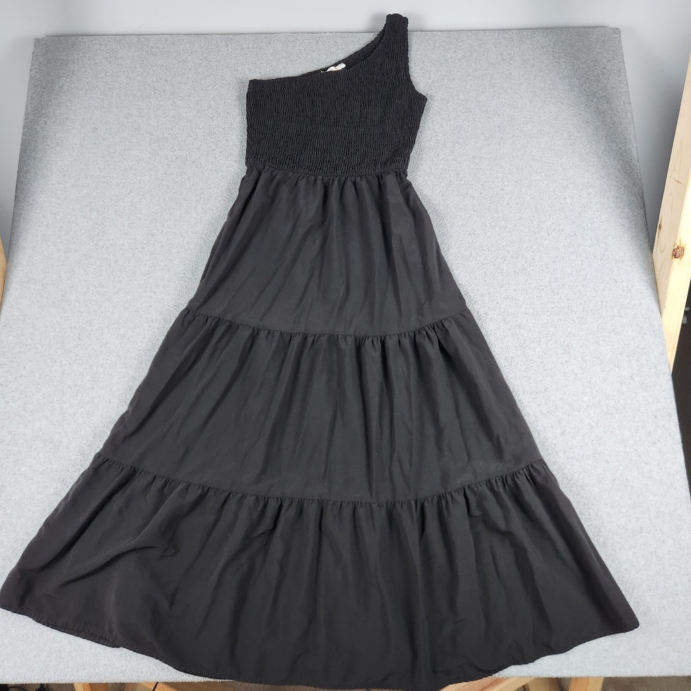 KIRUNDO One-Shoulder Maxi Dress Womens Small Black Smocked Tiered Flowy Bodice